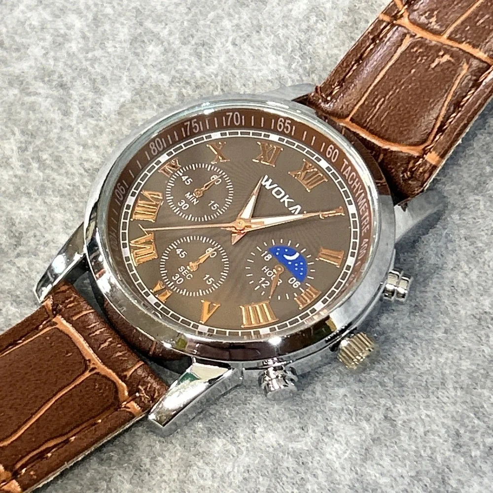Brown Dial Men Brown WOKAi Quartz Watch Moonphase Style 8077 OS